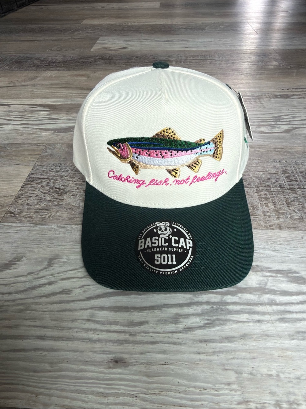 Basic Cap 5011 Fishing Trout Embroidered Hat - Green & White